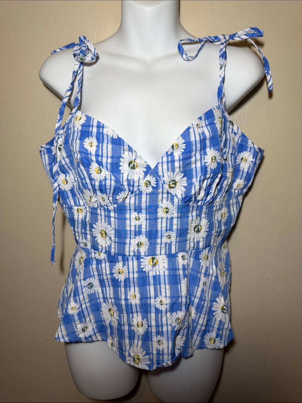 Blue Daisy Plaid Tie-Shoulder Blouse